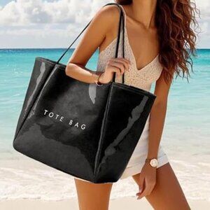 Women’s Large PVC Black Tote Bag Oversized Shopper Handbag with Shoulder Straps